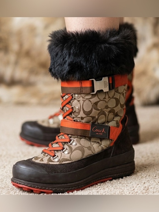 Coach Shoes - Coach Brown Signature Logo Winter Boots with Red Trim